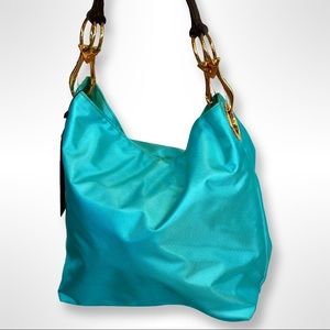 JPK PARIS 75 HOBO BUCKET SHOULDER BAG NYLON LEATHER STRAP TURQUOISE